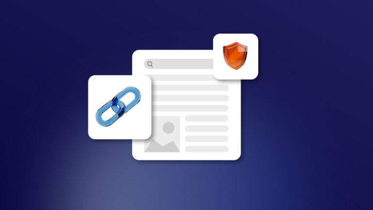 Graphic showing a document with a search bar and two floating icons: a blue chain link and an orange shield, symbolizing security and links